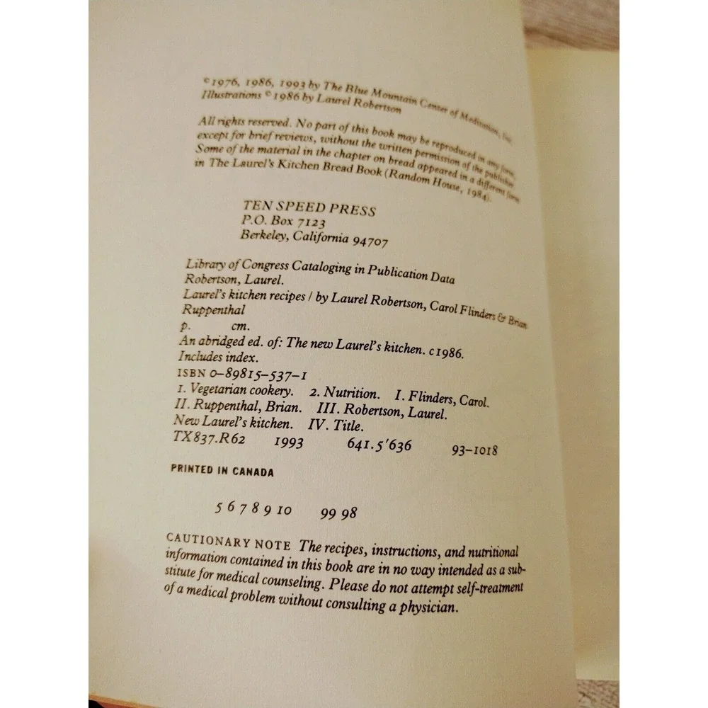 Laurel's Kitchen Recipes by Robertson Softcover Cookbook 1993